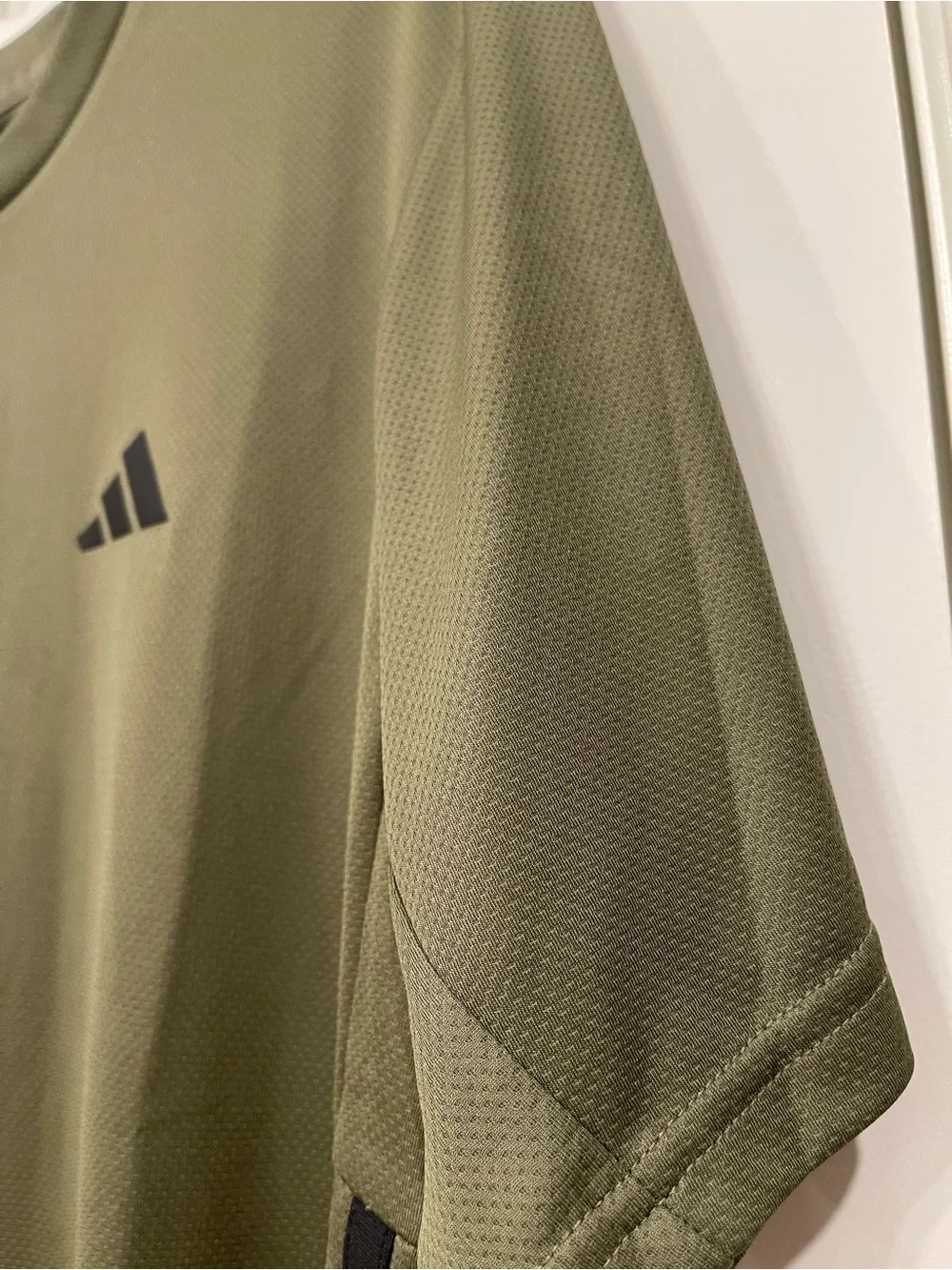adidas Olive Green Short Sleeve Performance Tee with Black Stripes